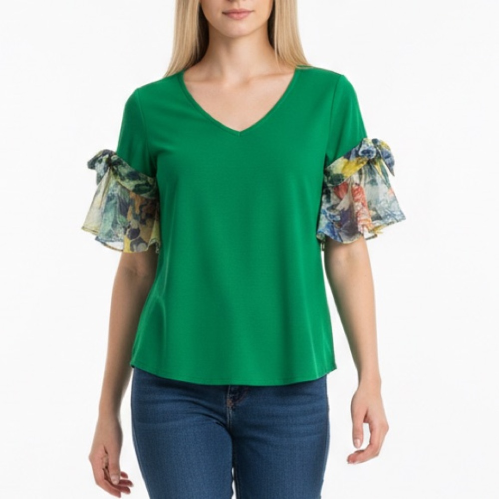 NY & Co 7th Avenue Green Blouse M Floral Chiffon Flutter Sleeve Top